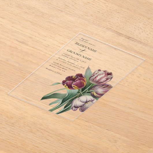 Trouw met Waterverf Paarse Tulpen Acryl Uitnodigingen (Laagn)