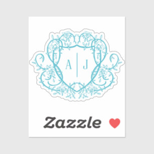 Trouw met wervelende roos turquoise monogram famil sticker