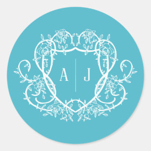 Trouw met wervelende roos turquoise monogram wapen ronde sticker