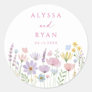 Trouw met wilde bloemen in pasteltinten ronde sticker