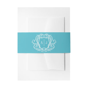 Trouw met wingerdrankroos turquoise monogram wapen uitnodigingen wikkel