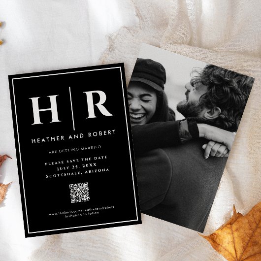 Trouw Monogram Zwart Chic Eenvoudig Modern QR Code Save The Date