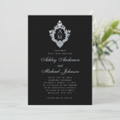 Trouw Monogram Zwart Vintage Wapen Calligrafie Kaart (Staand voorkant)