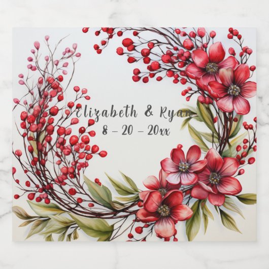 Trouw Mooie Rode Bloemen Bladeren Groene Plant Sparkling Wijnetiket (Enkel label)