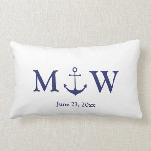 Trouw nautisch anker marineblauw wit monogram kussen