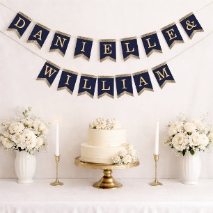 Trouw Navy Blauw Goud Namen Vintage Rozen Elegant Vlaggetjes