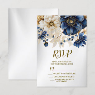 Trouw Navy Blauw Wit Gouden Bloem Motief Zilver RSVP Kaartje