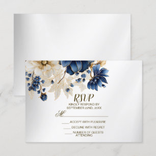 Trouw Navy Blauw Wit Gouden Bloem Motief Zilver RSVP Kaartje
