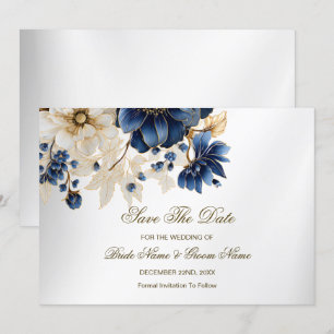 Trouw Navy Blauw Wit Gouden Bloem Motief Zilver Save The Date