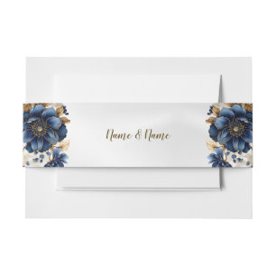 Trouw Navy Blauw Wit Gouden Bloem Motief Zilver Uitnodigingen Wikkel