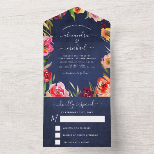 Trouw Navyblauw Bloemmotief Elegant Waterverf RSVP All In One Uitnodiging (Binnen)