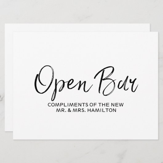 Trouw "Open Bar" bord | Stijlvolle letters Kaart (Voorkant / Achterkant)