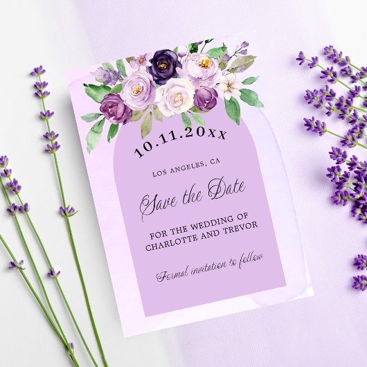 Trouw paarse violette bloemen boog QR-code website Save The Date
