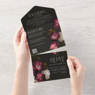 Trouw QR Code Moody Floral Donkere Chique Burgundy All In One Uitnodiging