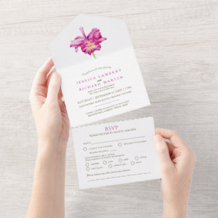 Trouw roze orchidee bloem waterverf maaltijd RSVP All In One Uitnodiging