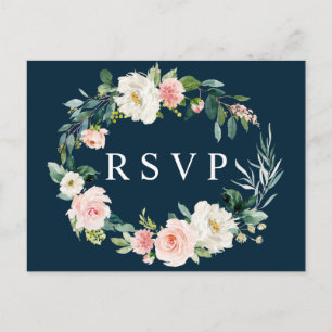 Trouw RSVP-ansichtkaart met bloemenkrans in marine Uitnodiging Briefkaart
