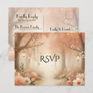 Trouw-RSVP Blush Peach Betoverd Bos Lantaarn Uitnodiging Briefkaart