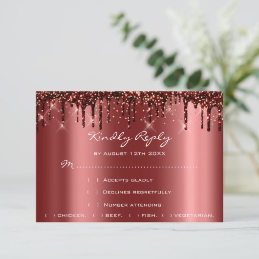 Trouw RSVP Goud Druppels Burgundy Bruidsfeest (Staand voorkant)