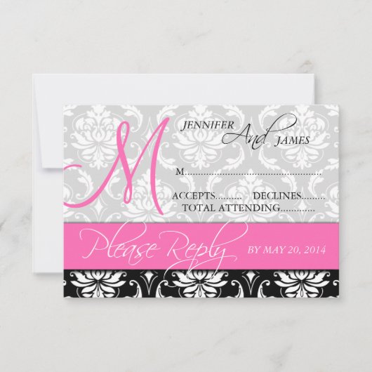Trouw RSVP Kaart Damask Monogram Naam Heet Roze (Voorkant)