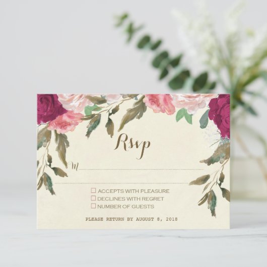 trouw RSVP kaart ivoor roodbloemig bloemmotief (Staand voorkant)