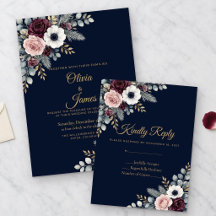 Trouw RSVP-kaart Navy Goud Winter Bloemen