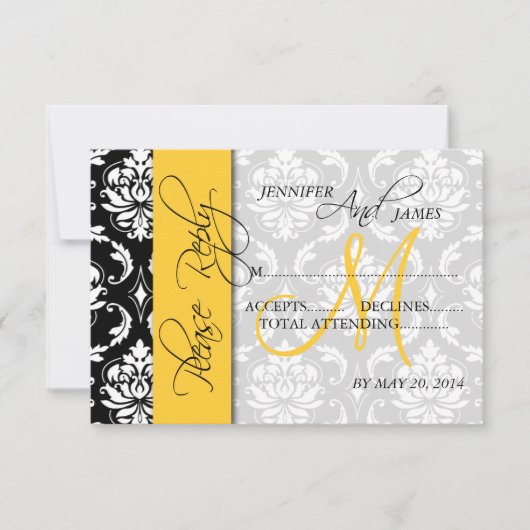 Trouw RSVP Kaarten Damask Monogram Geel (Voorkant)
