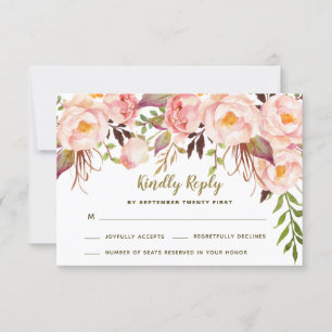 Trouw RSVP-kaarten met roze pioenroos en vintage g RSVP Kaartje