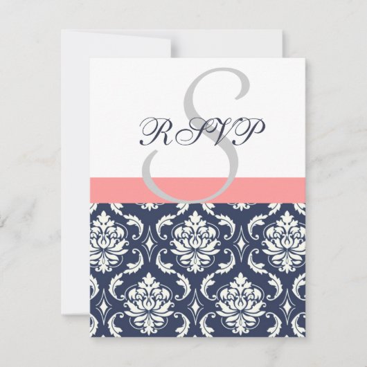 Trouw-RSVP-kaarten van Navy Blue Damask met Koraal RSVP Kaartje (Voorkant)