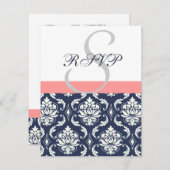 Trouw-RSVP-kaarten van Navy Blue Damask met Koraal RSVP Kaartje (Voorkant / Achterkant)
