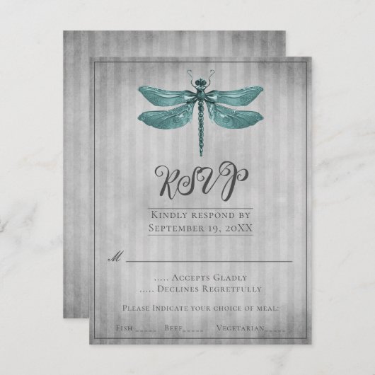 Trouw-RSVP met Turkoois Juweel Libel RSVP Kaartje (Voorkant / Achterkant)