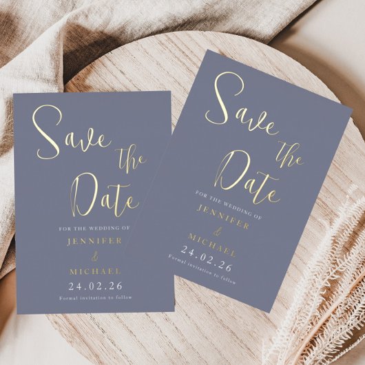 Trouw Save The Date-palet Stofblauw met Goud Folie Uitnodiging