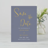 Trouw Save The Date-palet Stofblauw met Goud Folie Uitnodiging (Staand Voorkant)