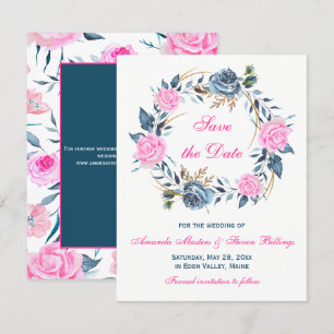 Trouw Save the Date - Roze, Blauwe Rozen Kaart