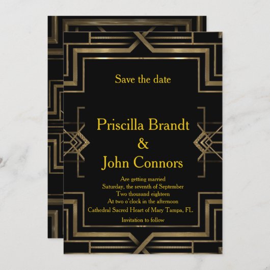 Trouw Save the Date, zwart & goud, great-Gatsby Kaart (Voorkant / Achterkant)