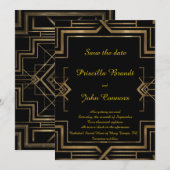 Trouw Save the Date, zwart, great-Gatsby, script Date (Voorkant / Achterkant)