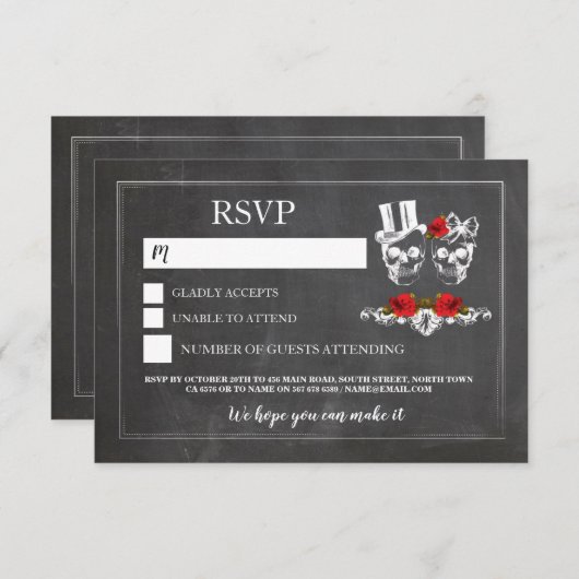 Trouw Schedels RSVP Schedel Rozen Krijt Kaarten (Voorkant / Achterkant)
