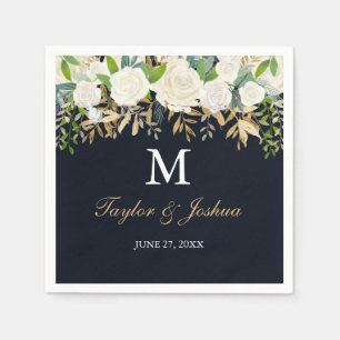 Trouw servet met waterverf bloemen monogram Navy