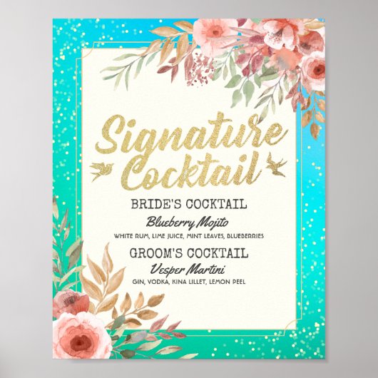 Trouw Signature Cocktail Drankkaart Roze Bloemen Poster (Voorkant)