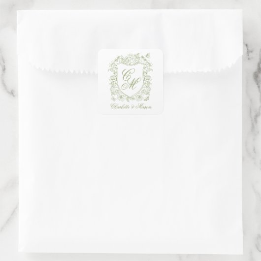 Trouw sticker in salie groen met monogram en famil (Tas)