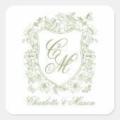 Trouw sticker in salie groen met monogram en famil (Voorkant)