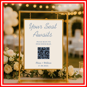 Trouw Stoelenkaart QR Code Stof Blauw Bord Poster