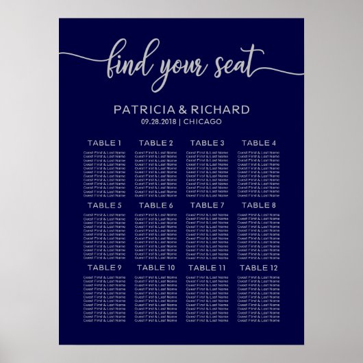 Trouw Stoelenplan Bord Chic Navyblauw Zilver Poster (Voorkant)