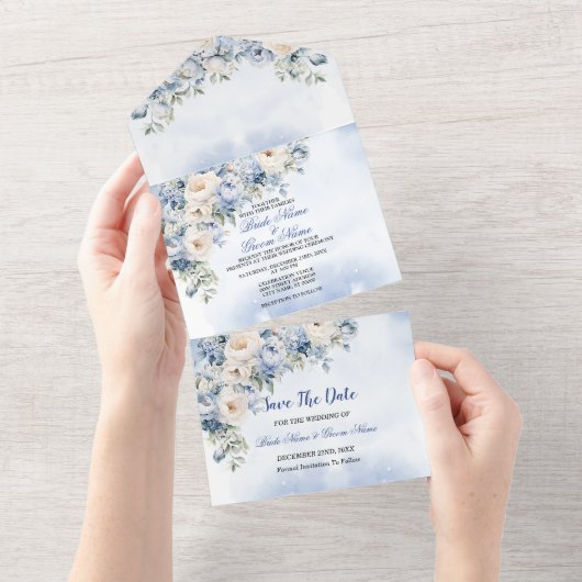 Trouw Stof Blauw Aquarel Ivoor Bloemen Bladeren All In One Uitnodiging (Afscheurbaar)