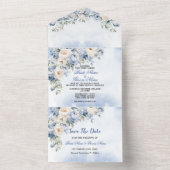 Trouw Stof Blauw Aquarel Ivoor Bloemen Bladeren All In One Uitnodiging (Binnen)