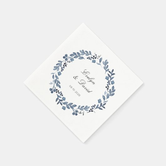 Trouw Stof Blauw Aquarel Naam en Datum Servet (Hoek)