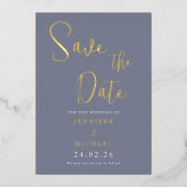 Trouw Stof Blauw Save The Date Pallet Goud Folie Uitnodiging (Voorkant)