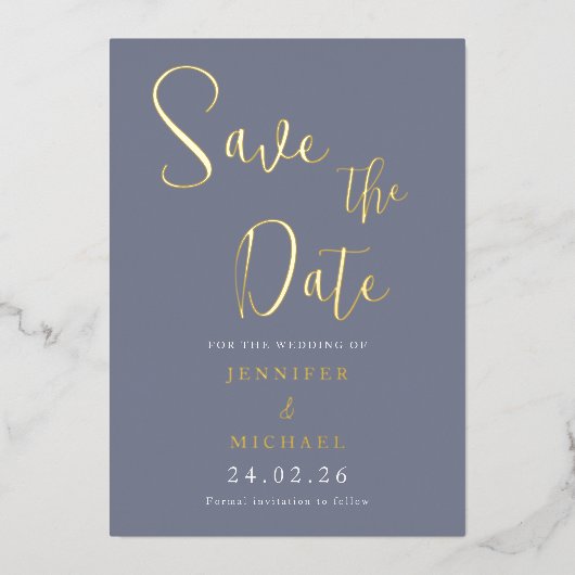 Trouw Stof Blauw Save The Date Pallet Goud Folie Uitnodiging (Voorkant)