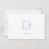 Trouw Stof Blauw Schrift Crest Monogram RSVP Kaart (Achterkant)