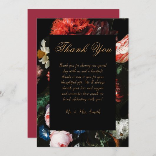 Trouw Trouwkaart Rood Zwart Bloemmotief Bedankkaart (Voorkant / Achterkant)