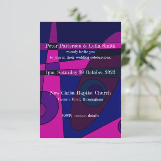 Trouw Uitnodiging Abstract Roze Paars (Staand voorkant)